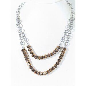 Bronze‎ Tone Faceted Glass Bead Double Strand Round Chain Necklace 22"